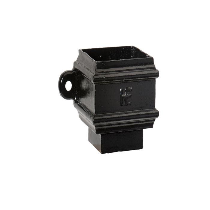100x100mm (4"x4") Hargreaves Foundry Cast Iron Square Downpipe Loose Socket with Spigot - with Ears - Pre-painted Black
