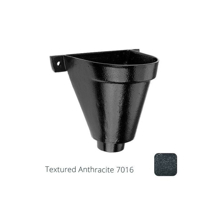 200mm Cast Aluminium Flat Back Hopper Head - 76mm (3") Outlet - Textured Anthracite Grey RAL 7016