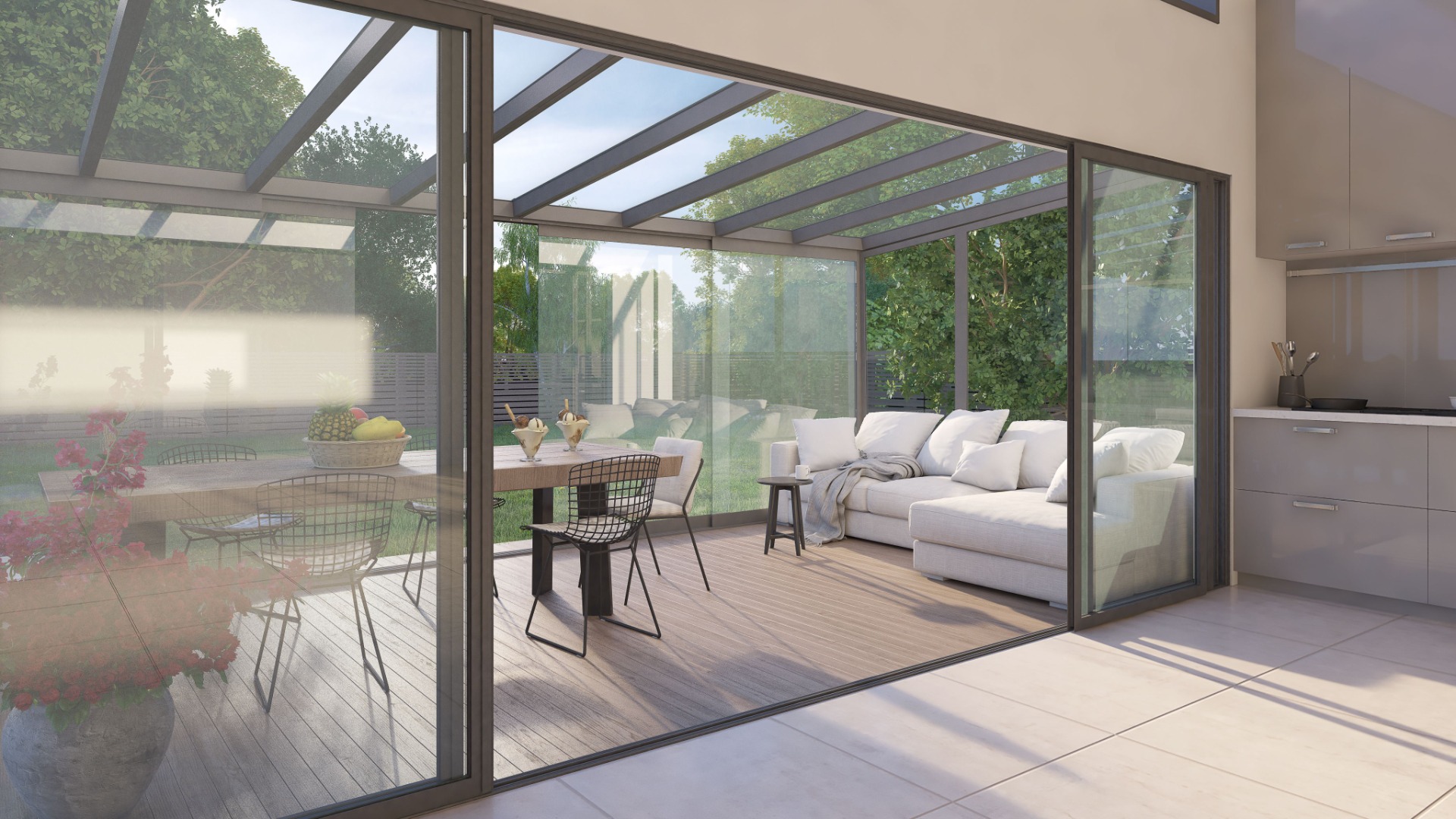 Inside a grey garden room with glass walls